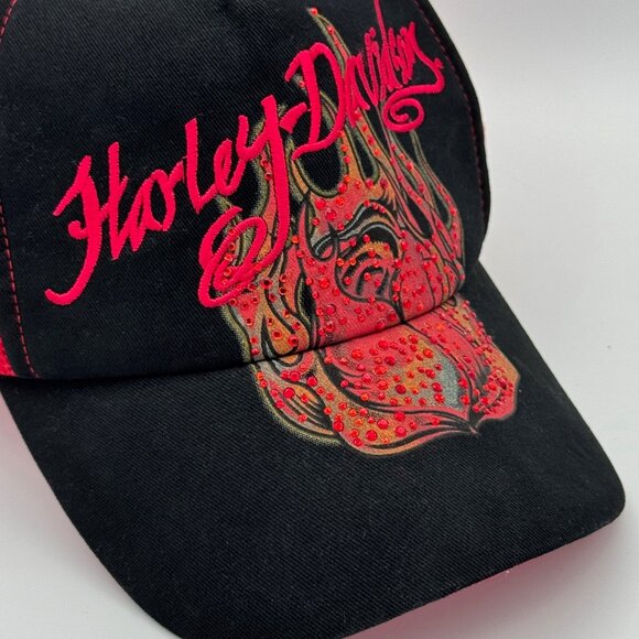 Genuine Harley Davidson Black Red Flames Bling Rhineston Truckers Cap Hat Womens - Picture 2 of 5